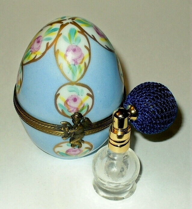 LIMOGES BOX - FLORAL EASTER EGG & PERFUME BOTTLE & ATOMIZER - ROSES