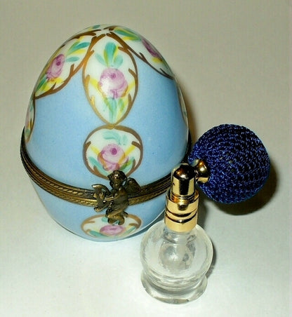 LIMOGES BOX - FLORAL EASTER EGG & PERFUME BOTTLE & ATOMIZER - ROSES