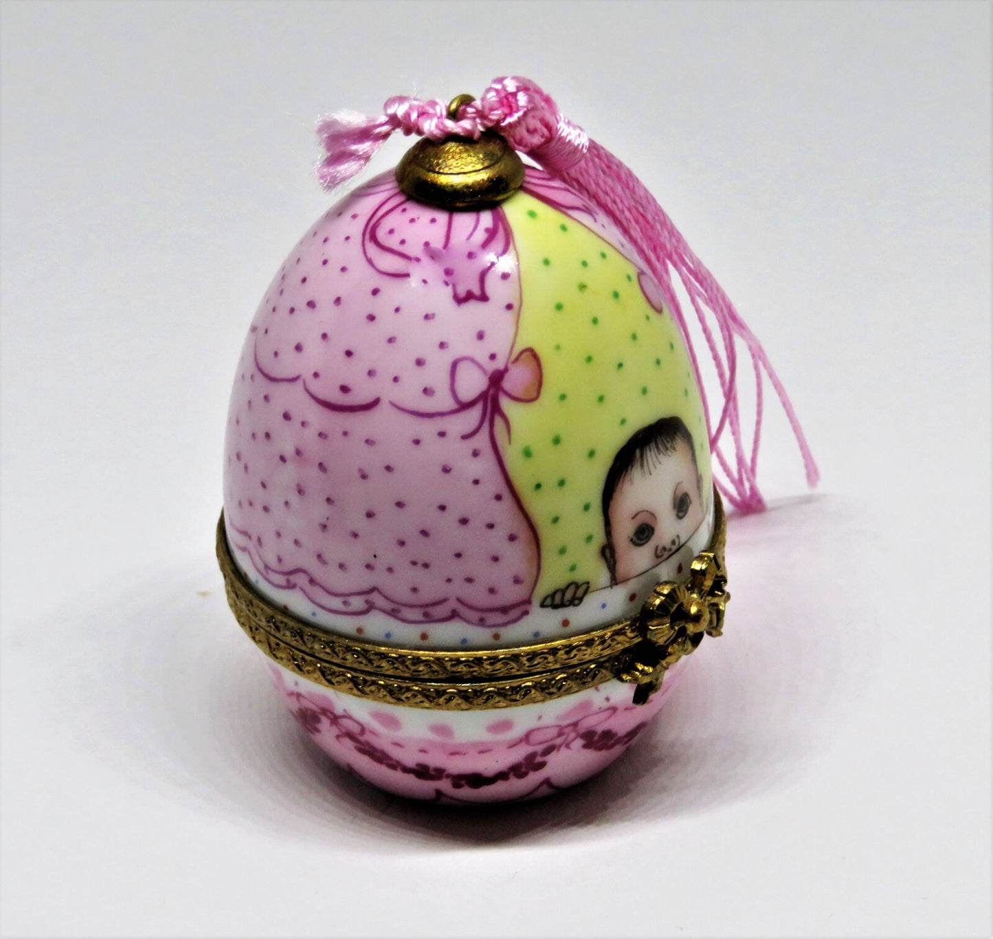 LIMOGES FRANCE BOX - VINTAGE EGG - BABY IN A CARRIAGE -PINK TASSEL  & BOWS- GIRL