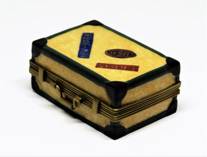 LIMOGES FRANCE BOX ~ ROCHARD ~ "BON VOYAGE" SUITCASE ~ LUGGAGE ~ TRAVEL LABELS