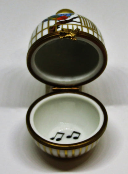 LIMOGES FRANCE BOX ~ EXIMIOUS ~ SONG BIRDS IN A ROUND CAGE ~ MUSICAL NOTES