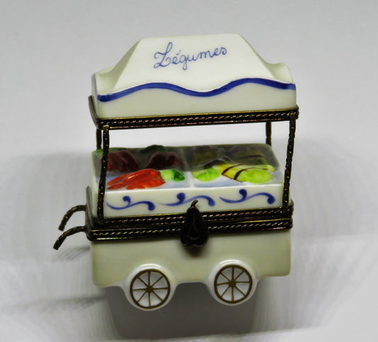 LIMOGES BOX ~ OUTDOOR VEGETABLE STAND ~ PUSHCART & AWNING ~ LEGUMES ~ PEINT MAIN