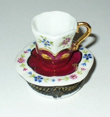 LIMOGES FRANCE BOX~ PARRY-VIEILLE ~FLORAL TEA CUP & SAUCER~ ROSE ~PEINT MAIN~ PV