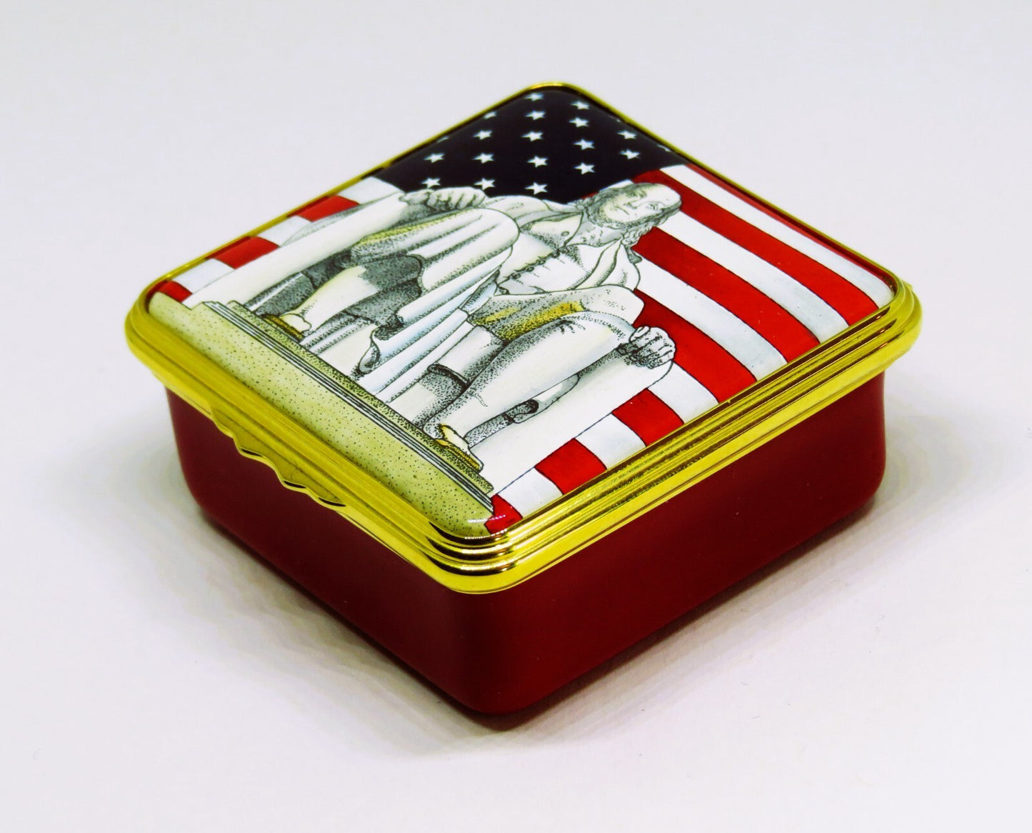 HALCYON DAYS ENGLISH ENAMEL BOX - BENJAMIN FRANKLIN & U. S. FLAG - PHILADELPHIA