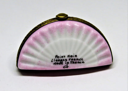 LIMOGES FRANCE BOX - TINY PINK & WHITE FLORAL ASIAN FAN - ASSORTED FLOWERS
