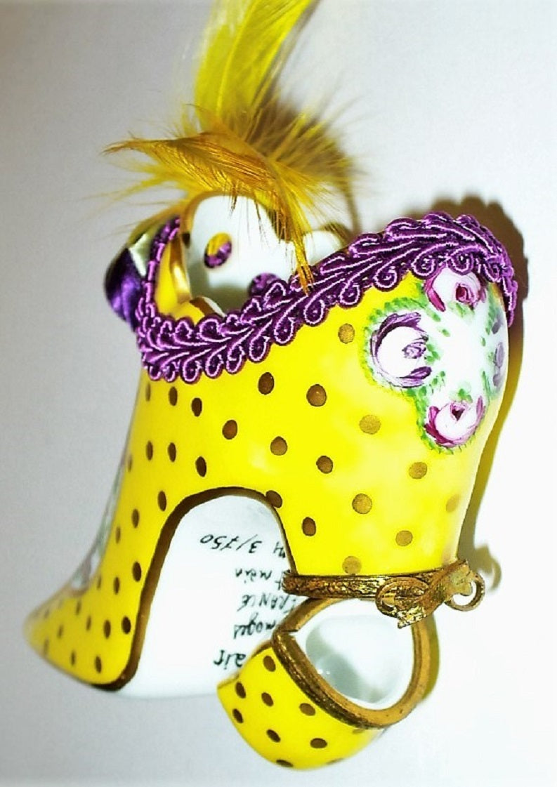 LIMOGES FRANCE BOX - YELLOW SHOE & FLOWERS & DOVES - BRAID & ROSETTE & FEATHERS