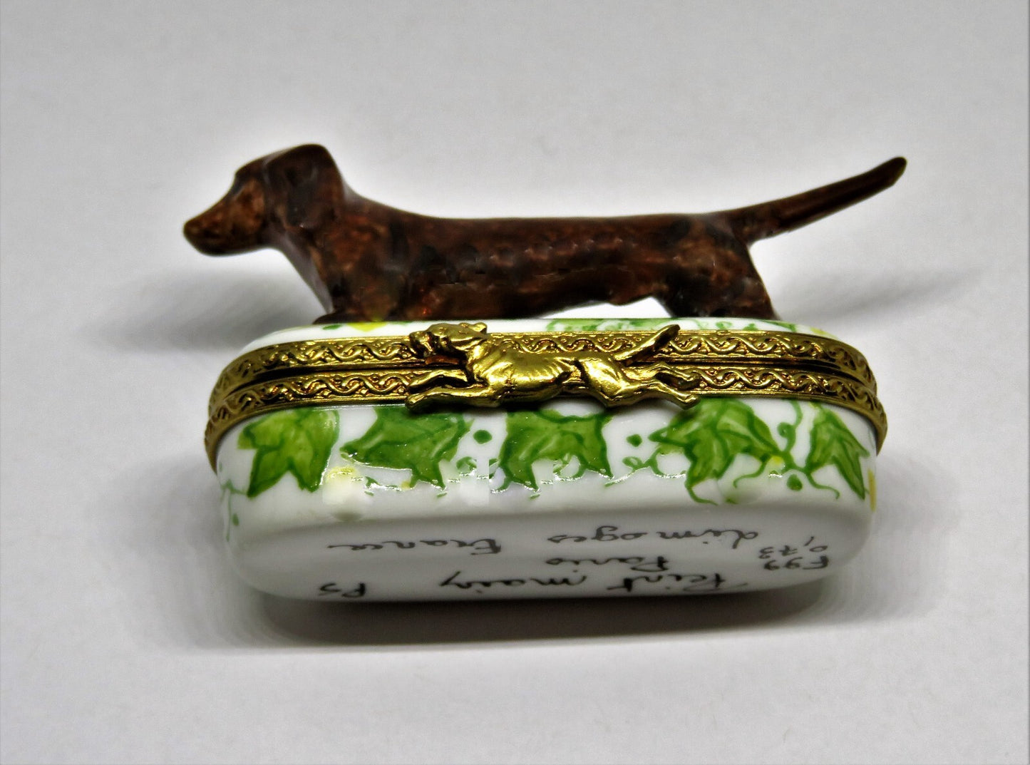 LIMOGES FRANCE - BROWN DACHSHUND DOG & PIN SHAPED BOX - LEAVES & FLOWERS - PUPPY