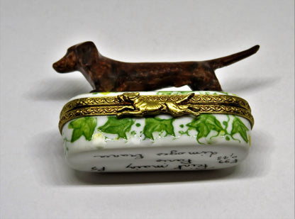 LIMOGES FRANCE - BROWN DACHSHUND DOG & PIN SHAPED BOX - LEAVES & FLOWERS - PUPPY