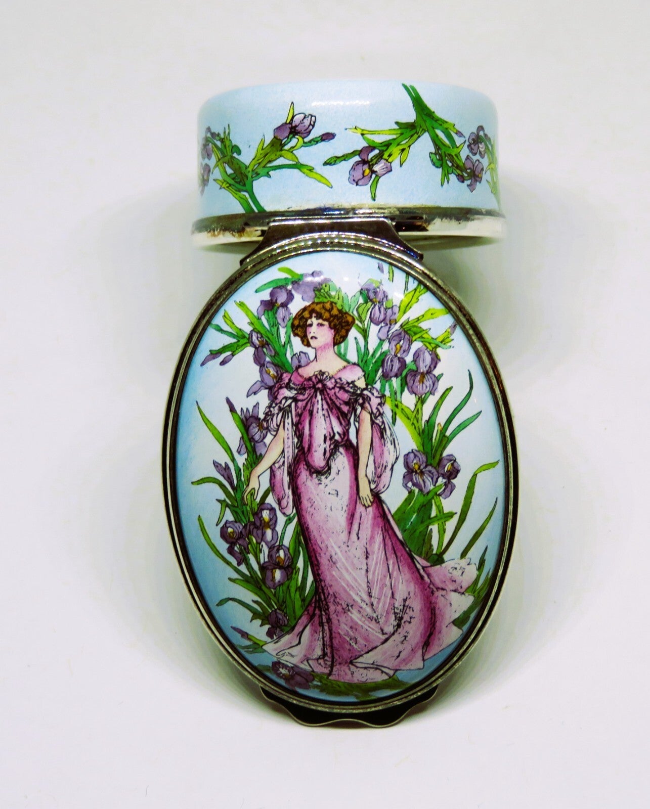 HALCYON DAYS ENAMEL BOX - ACTRESS SARAH BERNHARDT -IRISES- ALPHONSE MUCHA POSTER