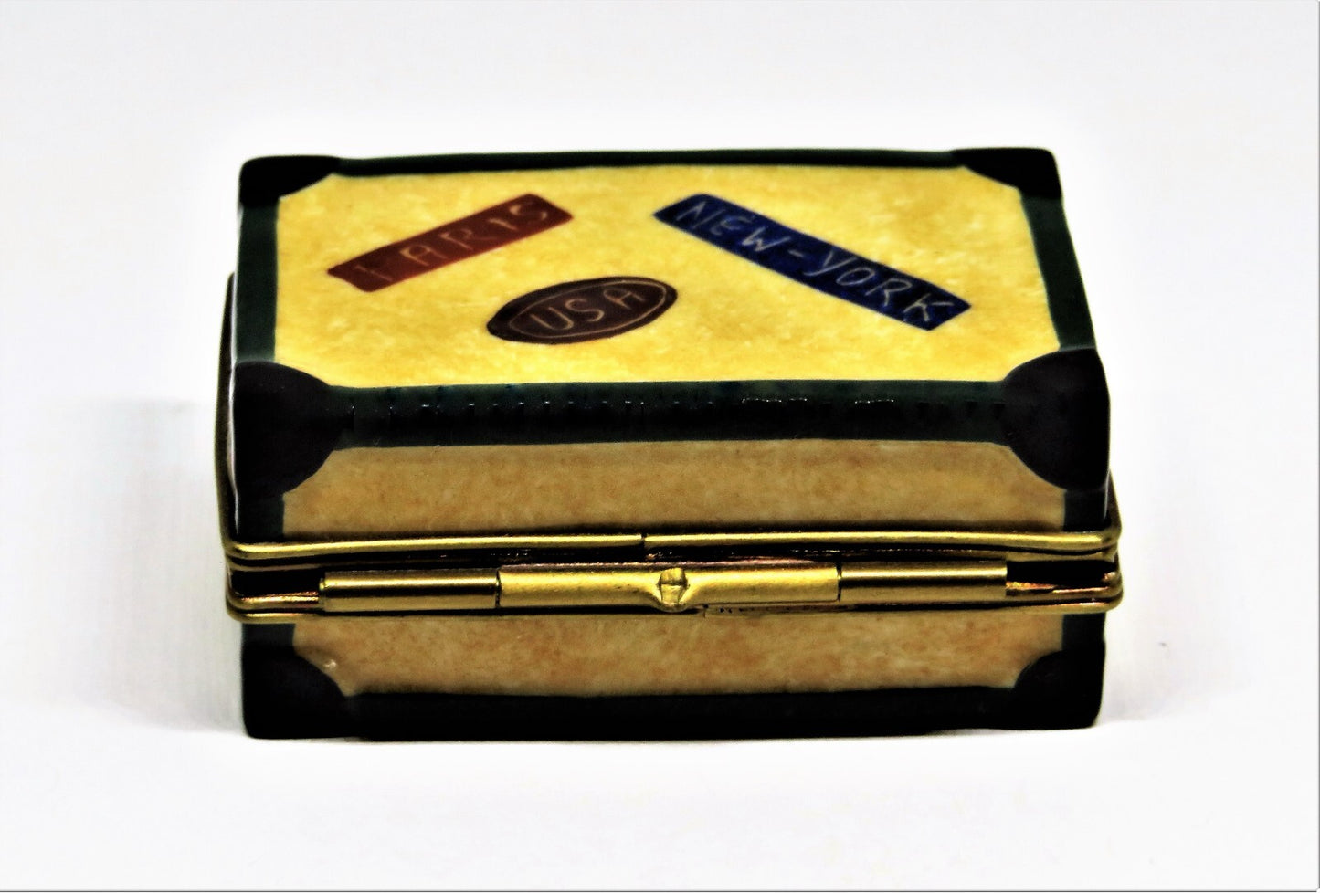 LIMOGES FRANCE BOX ~ ROCHARD ~ "BON VOYAGE" SUITCASE ~ LUGGAGE ~ TRAVEL LABELS