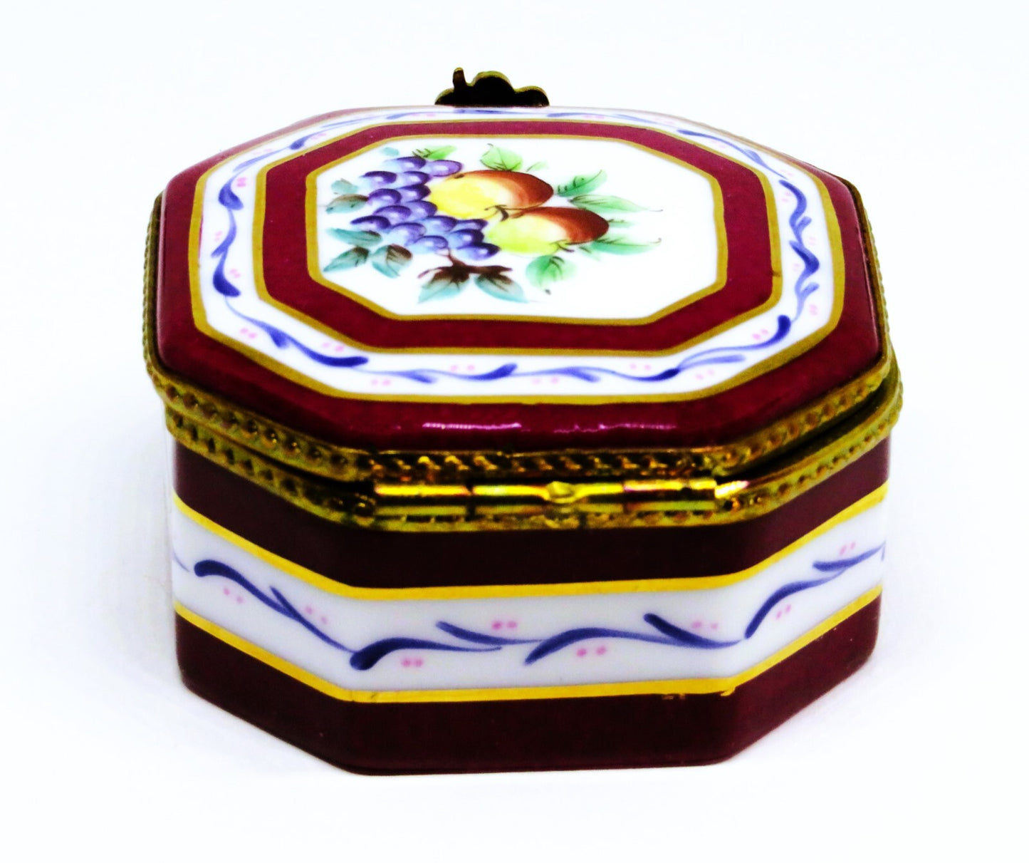 LIMOGES FRANCE BOX ~ BURGUNDY & WHITE OCTAGON - FRUITS - APPLES & GRAPES