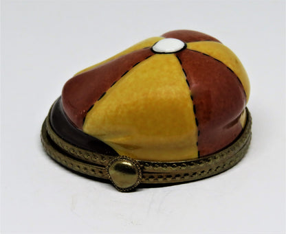 LIMOGES FRANCE BOX~ MAN'S  CAP ~ HAT ~ WALKING STICK & GLOVES INSIDE ~PEINT MAIN