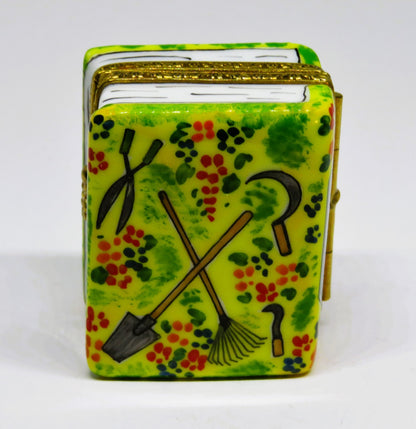 LIMOGES FRANCE BOX -LIMOGES IMPORTS- GARDENING BOOK & TOOLS - FLOWERS - "JARDIN"