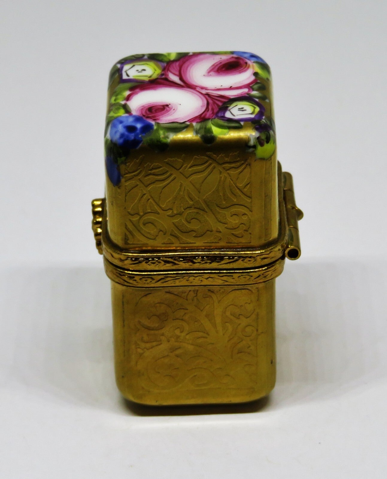 LIMOGES BOX - SMALL GOLD INCRUSTATION CHEST & PERFUME BOTTLE - FLOWERS - ROSES