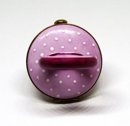 LIMOGES BOX~ PIERRE ARQUIE ~ PINK & BURGUNDY BABY PACIFIER ~ WHITE DOTS ~ 26/750