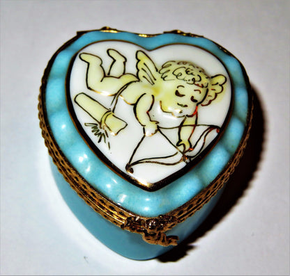 LIMOGES FRANCE BOX ~ BLUE RUFFLED HEART ~ CUPID & BOW & ARROW ~ ANNIVERSARY