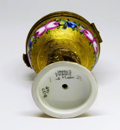 LIMOGES BOX - VINTAGE GOLD INCRUSTATION GLOBE & ANGEL STAND - FLOWERS - ROSES