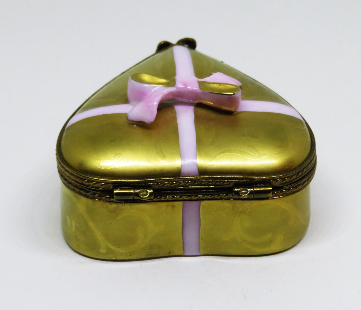 LIMOGES BOX ~ ROCHARD ~ GOLD HEART & CANDY & BOW ~ "WITH LOVE" ~ ANNIVERSARY