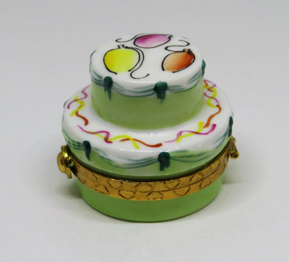 LIMOGES FRANCE BOX ~ MINT GREEN BIRTHDAY CAKE & BALLOONS ~ PEINT MAIN