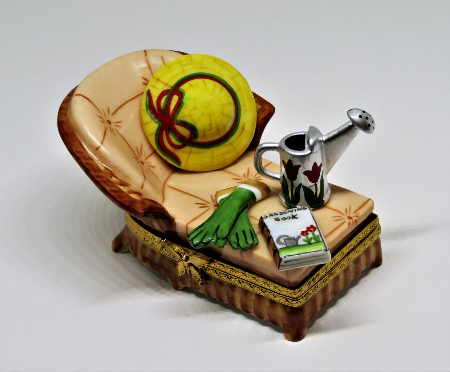 LIMOGES BOX - GARDEN CHAIR - HAT & RUBBER GLOVES & WATERING CAN & GARDENING BOOK