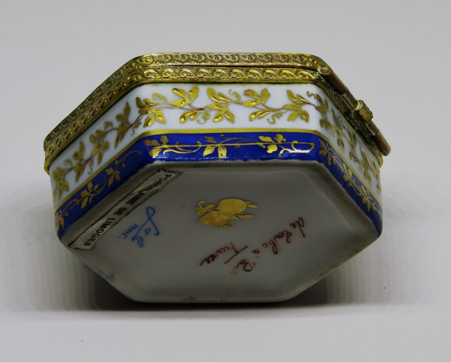 LIMOGES FRANCE HEXAGON BOX - LE TALLEC - FLOWERS & GOLD VINES - ROSES - 1960