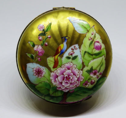 LIMOGES BEAUCHAMP - HUGE GOLD INCRUSTATION ROUND BOX - BIRD & PINK FLOWERS