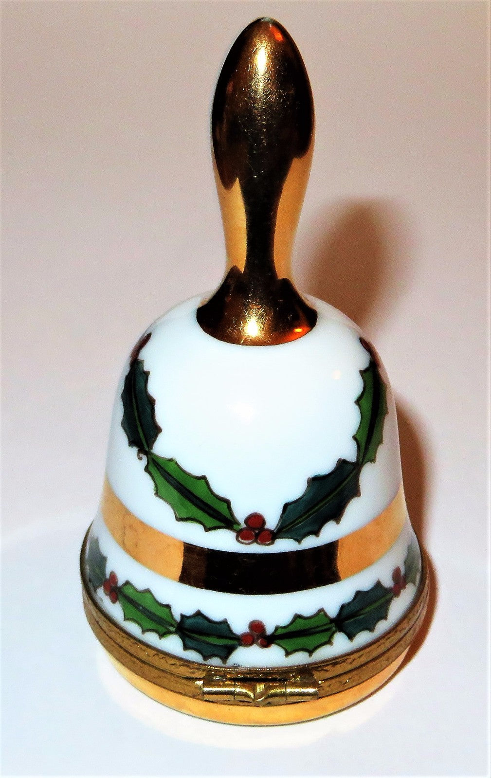 LIMOGES FRANCE BOX~ GOLD & WHITE CHRISTMAS BELL & HOLLY ~ANGEL CLASP~ PEINT MAIN