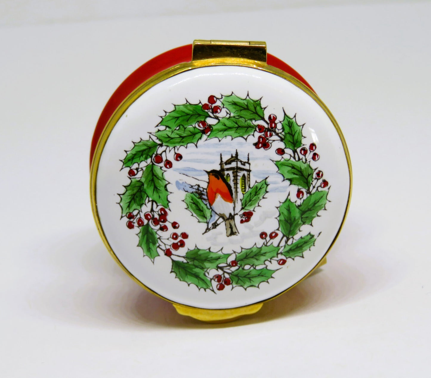 CRUMMLES ENGLISH ENAMEL BOX- ANNO DOMINI CHRISTMAS 1976 - ROBIN & HOLLY & CHURCH