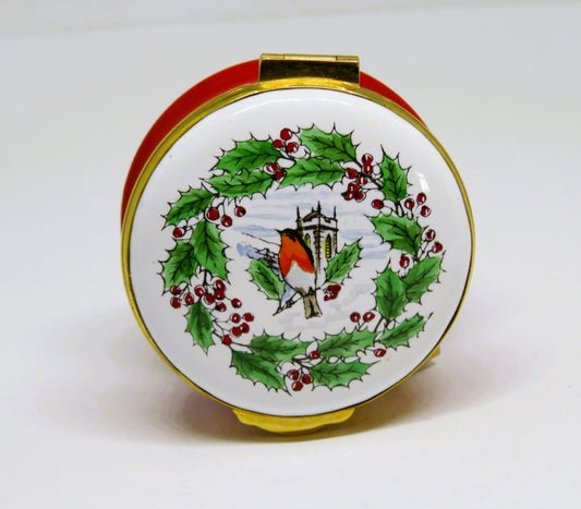 CRUMMLES ENGLISH ENAMEL BOX- ANNO DOMINI CHRISTMAS 1976 - ROBIN & HOLLY & CHURCH