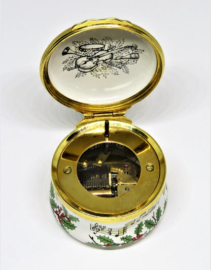 HALCYON DAYS ENAMEL MUSIC BOX - "WE WISH YOU A MERRY CHRISTMAS" - HOLLY - MIB
