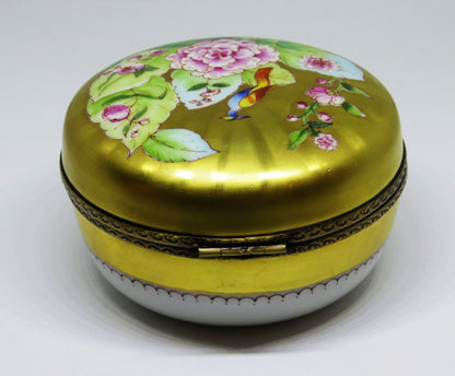 LIMOGES BEAUCHAMP - HUGE GOLD INCRUSTATION ROUND BOX - BIRD & PINK FLOWERS