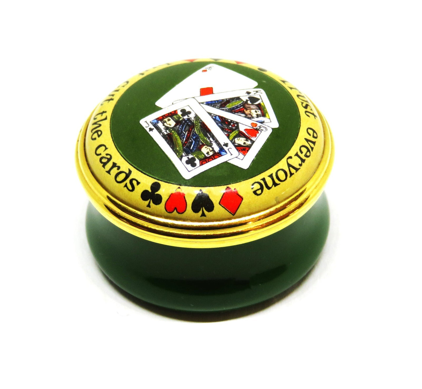 HALCYON DAYS ENGLISH ENAMEL BOX- "TRUST EVERYONE BUT CUT THE CARDS"