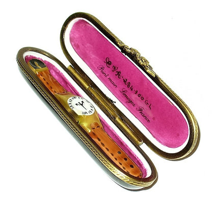 LIMOGES FRANCE BOX - BLACK WATCH CASE & REMOVABLE PORCELAIN WATCH - LE 284/300