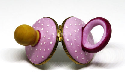 LIMOGES BOX~ PIERRE ARQUIE ~ PINK & BURGUNDY BABY PACIFIER ~ WHITE DOTS ~ 26/750