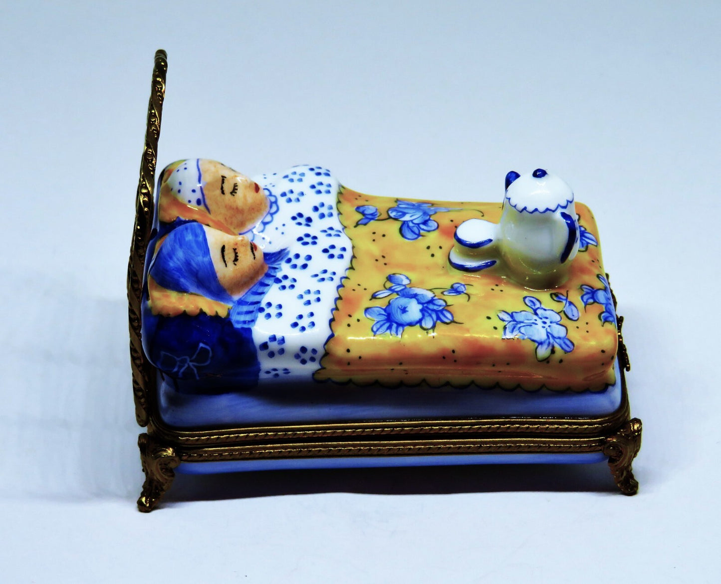 LIMOGES FRANCE BOX - COUPLE IN A BRASS BED - COFFEE  POT & CUPS - "BONJOUR"