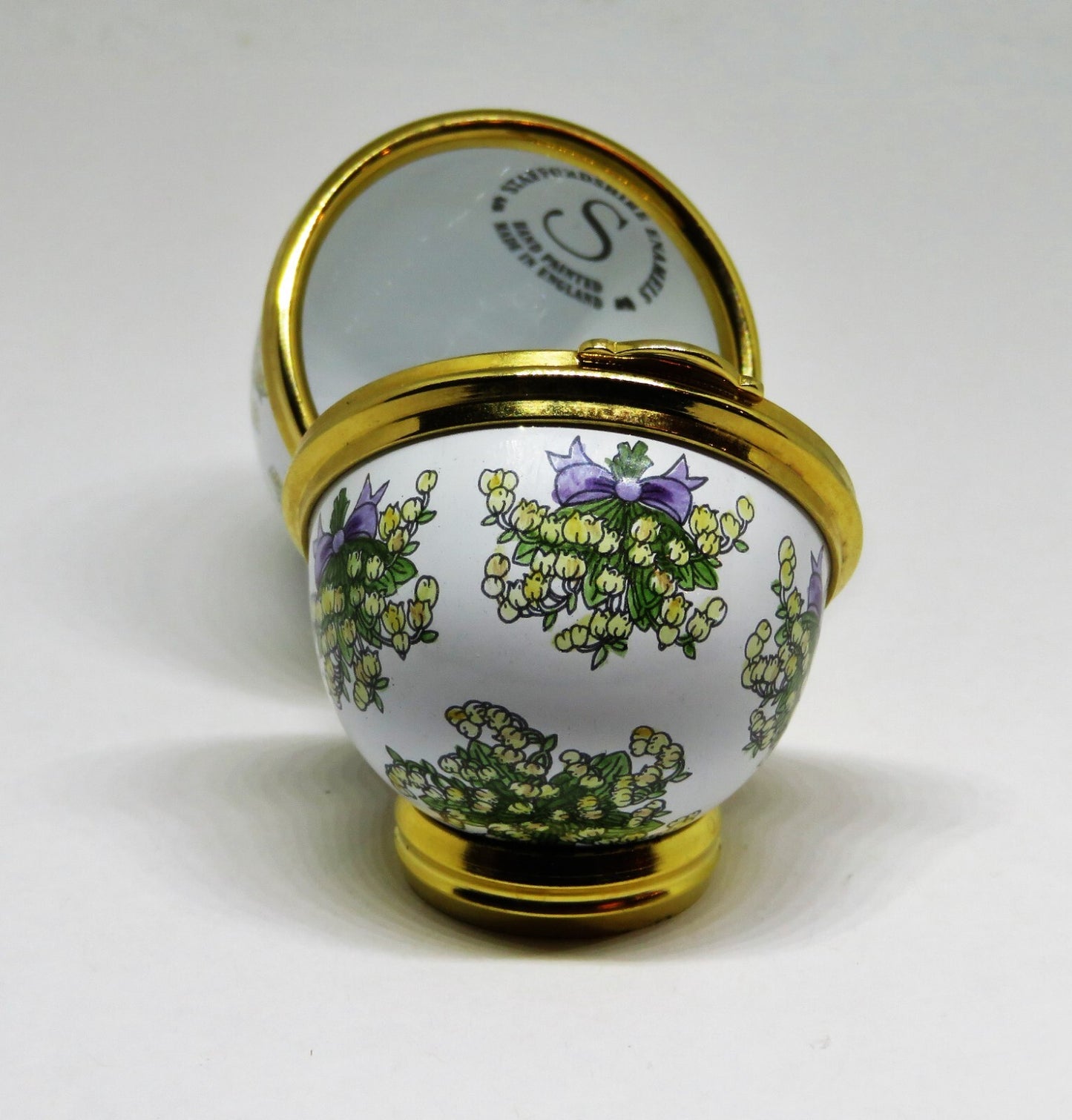STAFFORDSHIRE ENGLISH ENAMEL BOX -EGG & BOUQUETS OF LILY OF THE VALLEY- FLOWERS