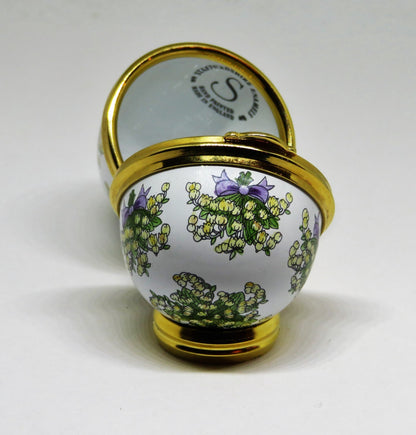 STAFFORDSHIRE ENGLISH ENAMEL BOX -EGG & BOUQUETS OF LILY OF THE VALLEY- FLOWERS