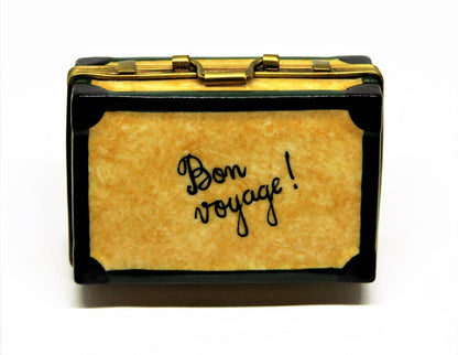 LIMOGES FRANCE BOX ~ ROCHARD ~ "BON VOYAGE" SUITCASE ~ LUGGAGE ~ TRAVEL LABELS