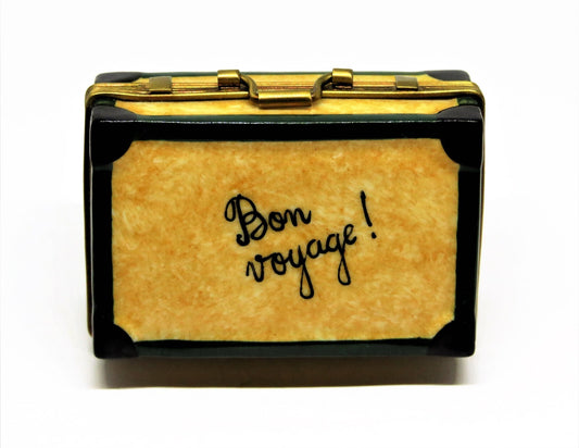 LIMOGES FRANCE BOX ~ ROCHARD ~ "BON VOYAGE" SUITCASE ~ LUGGAGE ~ TRAVEL LABELS