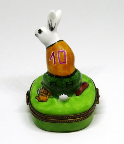 LIMOGES BOX - PARRY-VIELLE - BASEBALL PLAYING BUNNY - RABBIT - BALL & BAT & MITT