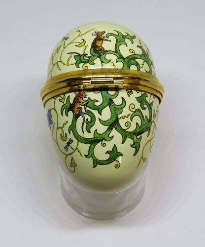 STAFFORDSHIRE ENGLISH ENAMEL BOX - VINTAGE EGG - MICE - BUTTERFLY - DRAGONFLY