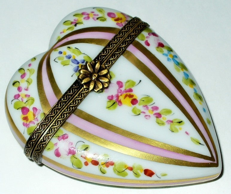 LIMOGES BOX ~ PINK & GOLD HEART ~ FLOWERS & STRIPES ~ ROSES ~ ANNIVERSARY