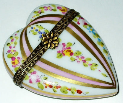 LIMOGES BOX ~ PINK & GOLD HEART ~ FLOWERS & STRIPES ~ ROSES ~ ANNIVERSARY