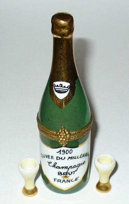 LIMOGES FRANCE BOX - CHAMPAGNE BOTTLE & 2 PORCELAIN GLASSES - NEW YEAR'S EVE