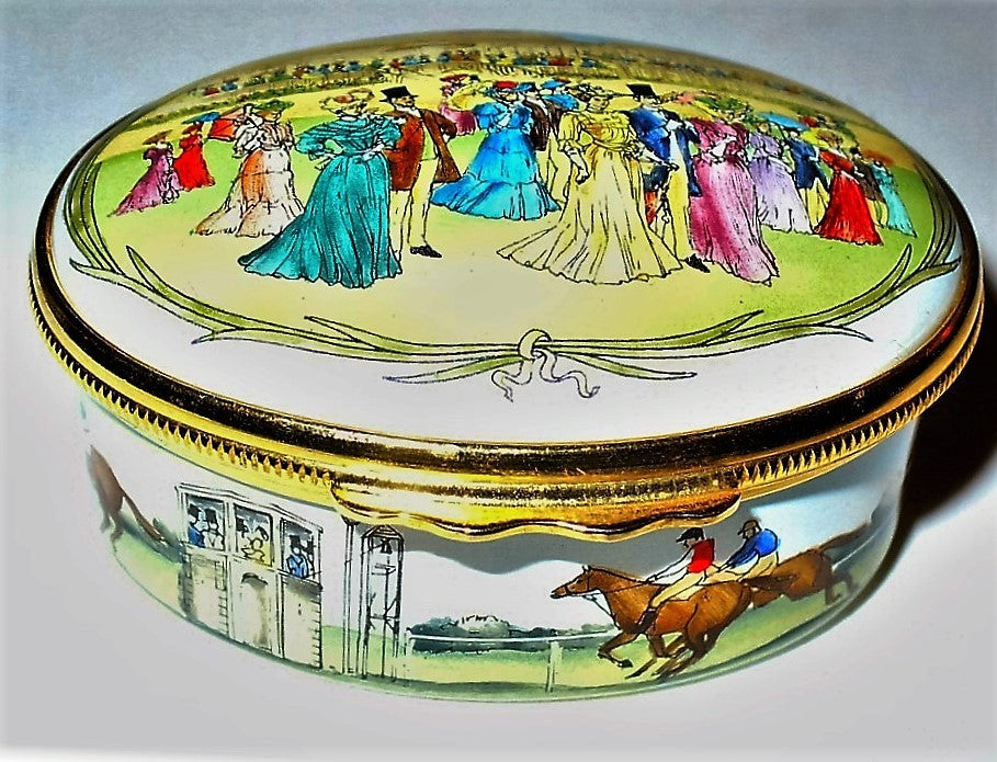 HALCYON DAYS ENAMEL BOX - ROYAL ENCLOSURE AT ASCOT RACES - EDWARDIAN TIMES - MIB