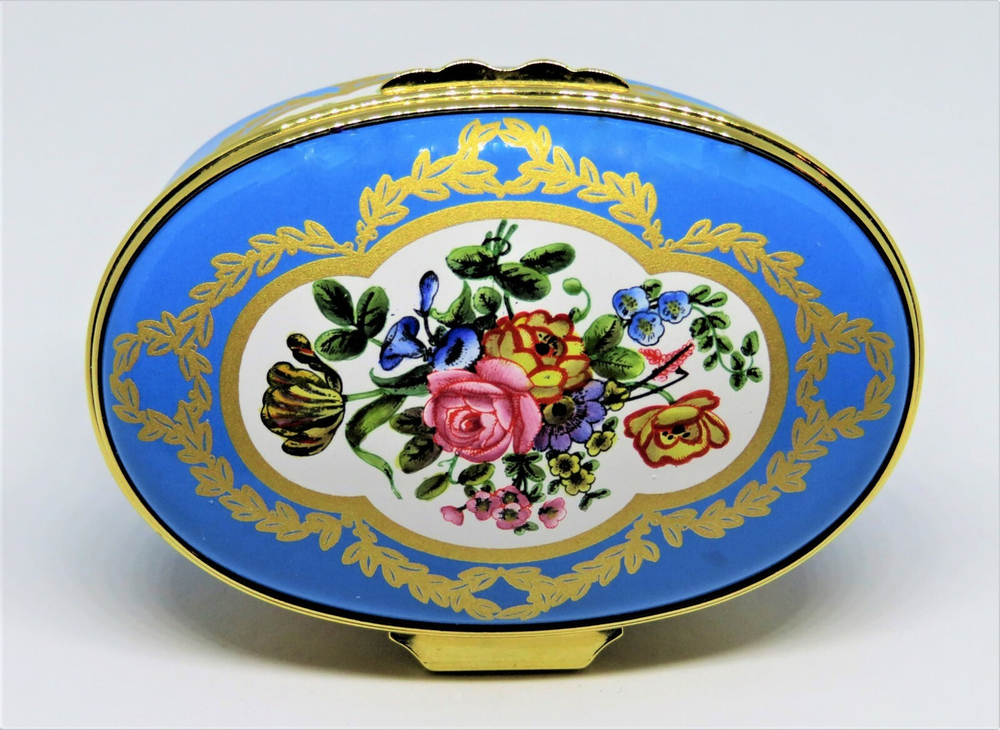 HALCYON DAYS ENGLISH ENAMEL BOX - FLORAL - SEVRES PORCELAIN PLAQUE 1780 - MIB