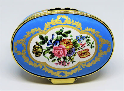 HALCYON DAYS ENGLISH ENAMEL BOX - FLORAL - SEVRES PORCELAIN PLAQUE 1780 - MIB