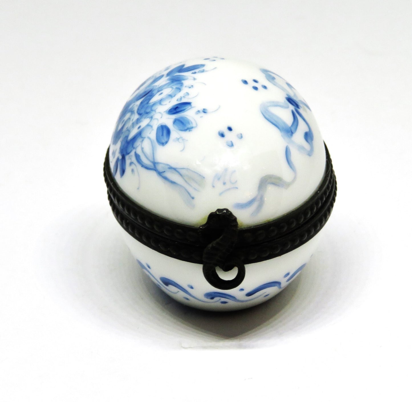 LIMOGES FRANCE BOX ~ VINTAGE FLORAL EASTER EGG ~ BLUE FLOWERS ~ TOP SIGNED "MC"