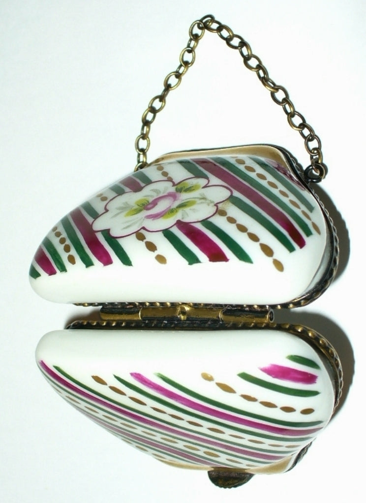 LIMOGES FRANCE BOX~ ROCHARD ~ FLORAL PURSE & CHAIN ~ ROSE & STRIPES ~ PEINT MAIN