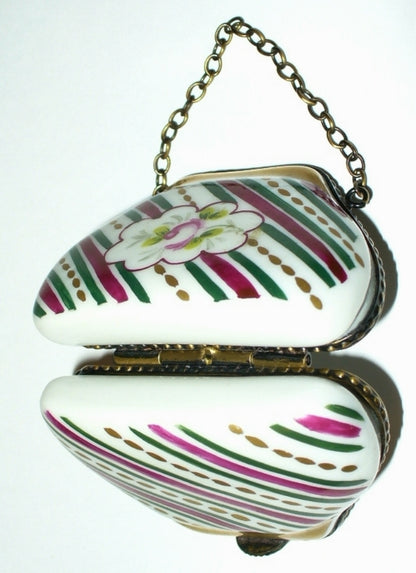 LIMOGES FRANCE BOX~ ROCHARD ~ FLORAL PURSE & CHAIN ~ ROSE & STRIPES ~ PEINT MAIN